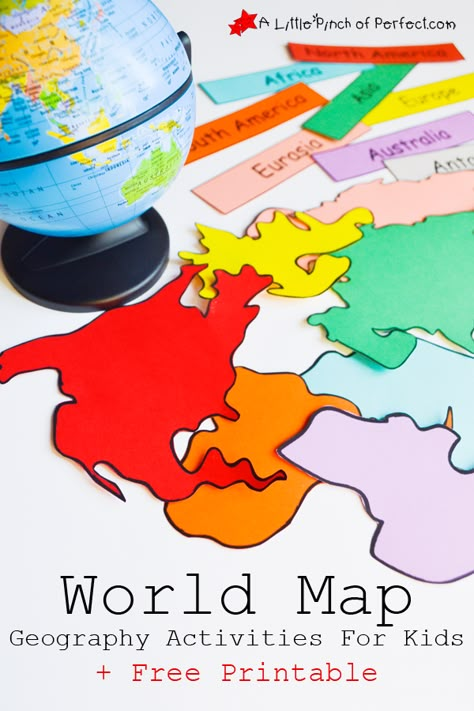 World Map Geography Activities For Kids + Free Printable | A Little Pinch of Perfect Geography Lessons Preschool, Map Of North America Printable, Continents Coloring Page Free Printable, Geography For Preschoolers, Countries Activities For Kids, Country Activities For Kids, Around The World Activities For Kids, Geography Themes, Free Printable World Map