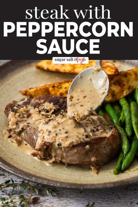 Elevate your steak night with this steak and peppercorn sauce. Spicy, creamy and delicious, it's an easy yet impressive dinner. With it's spicy kick and luxurious creaminess, this creamy peppercorn sauce is wonderfully rich and indulgent. It's takes the humble steak to new heights. Just simple cracked black pepper gives the spice, Worcestershire for a bit of tang, beef stock and pan juices for more beefiness and cream for body, flavour and texture - all combined for the perfect balance. Dinner Party Steak, Healthy Steak Dinner Recipes, Steak Dinner Party, Peppercorn Recipes, Creamy Steak Sauce, Easy Peppercorn Sauce, Steak Cream Sauce, Peppercorn Sauce For Steak, Pepper Sauce For Steak