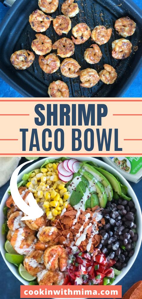 This Shrimp Taco Bowl is perfect for Taco Tuesday, Cinco De Mayo, or really any day you’re craving shrimp tacos! This recipe is easy to make, comes together quickly, and it’s really versatile, so you can customize it however you like. Try this recipe today and I know you’ll be obsessed! Fiesta Shrimp Bowl, Shrimp Bowls With Spicy Mayo, Hawaiian Shrimp Taco Bowl, Mexican Shrimp Bowl, Shrimp Taco Bowl, Shrimp Bowl Recipe, Healthy Shrimp Tacos, Shrimp Meal Prep, Shrimp Tacos Easy