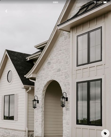 All White Brick House Exterior, European Transitional Home, French Modern Tudor, Stone And Brick House Exterior, White Brick House Exterior, White Brick House, Brick Exterior House, Window Color, Galvanized Iron