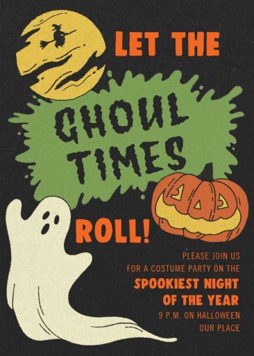 Customize 'Ghoul Times' Halloween Invitation online and send via email, text message, or a shareable link. Instantly track deliveries and opens, and message recipients. Halloween 3rd Birthday Party Invitations, Haunted House Invitations, Halloween Potluck Invitations, Halloween Invite Template, Halloween Party Invitations Ideas, Halloween Party Invitations Template, Halloween Invitations Template, Halloween Invitation Ideas, Halloween Event Poster