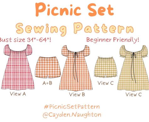 Picnic Set Sewing Pattern - Etsy Tulip Sewing Pattern, Fabric Designs Pattern, Sydney Graham Sewing, Plus Size Sewing Patterns For Women, Easy Outfits To Sew, Sew Blouse Pattern Free, Dance Sewing Patterns, Cute Beginner Sewing Projects, Sewing Patterns For Beginners Free