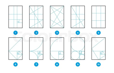 Composition rules. Geometric formula math science diagrams, golden ratio and rule of thirds, fibonacci sequence 1. 618 proportions, fractal geometry. Vector set Golden Ratio Typography, Formula Math, Golden Ratio Art, Geometric Formulas, Composition Rules, Golden Ratio In Design, Science Diagrams, Fibonacci Golden Ratio, Composition Drawing