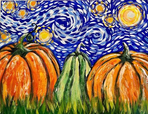 Drinks For Dinner, Fall Drawing Ideas Autumn, Van Gogh Autumn, Starry Night Pumpkin Art Lesson, Starry Night Pumpkin, Fall Landscape Elementary Art, Halloween Night Sky Painting, Red Wing Mn, Halloween Canvas Paintings