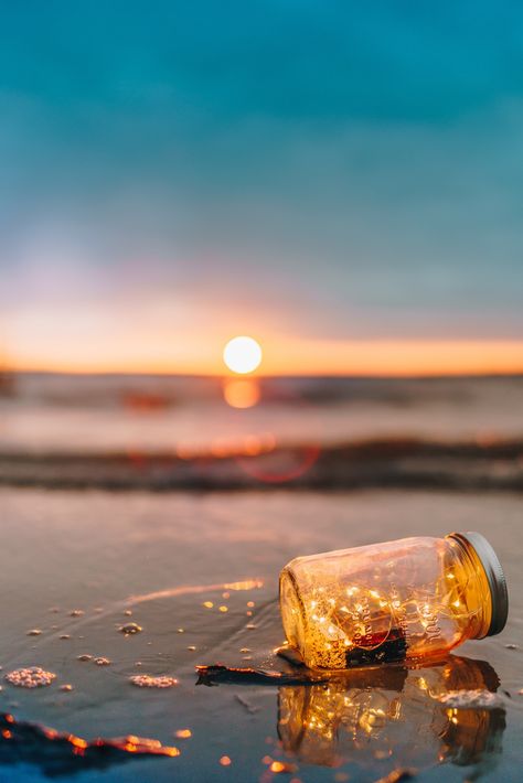 fairy lights, beach, bottle The Sand, The Ocean, Water