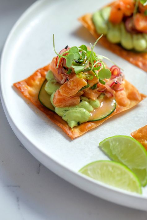 Wonton Tostadas, Avocado Mayo, Small Bites Appetizers, Salmon Avocado, Wonton Wrappers, Appetizer Bites, Wontons, Asian Fusion, Cane Sugar