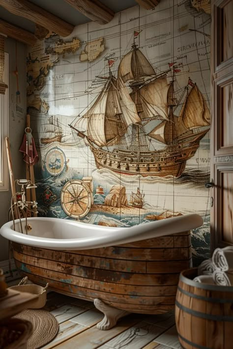 20 Aesthetic Bathroom Designs for Your Home Makeover 24 Lighthouse Theme Bathroom, Rustic Public Bathroom, Beach Half Bath, Ocean Bathroom Aesthetic, Pirate Themed Bathroom, Naval Bathroom, Boho Beach Bathroom, Unique Small Bathroom Ideas, 1800 Bathroom