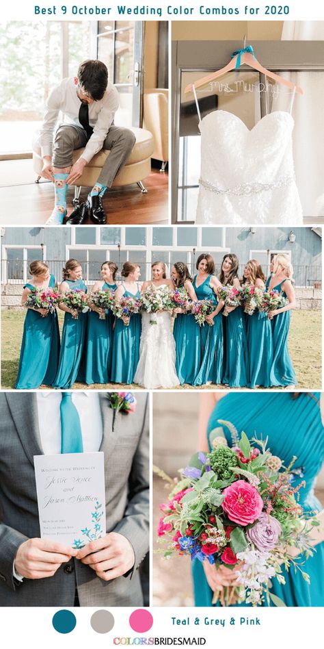 Teal + Grey + Pink Wedding: bridesmaids in teal dresses, bride in white gown, pink and purple wedding bouquets, white, grey and teal wedding invitations, groom and groomsmen in grey suits with teal ties. #tealweddings #weddings #weddingideas #bridesmaiddresses #fallweddings #colsbm #2020 Gray And Teal Wedding Colors, Teal And Pink Wedding Colors, Teal And Lilac Wedding, Teal And Gray Wedding, Teal And Pink Wedding, Teal And Grey Wedding, Turquoise Wedding Theme, Teal Wedding Theme, Wedding Bouquets White