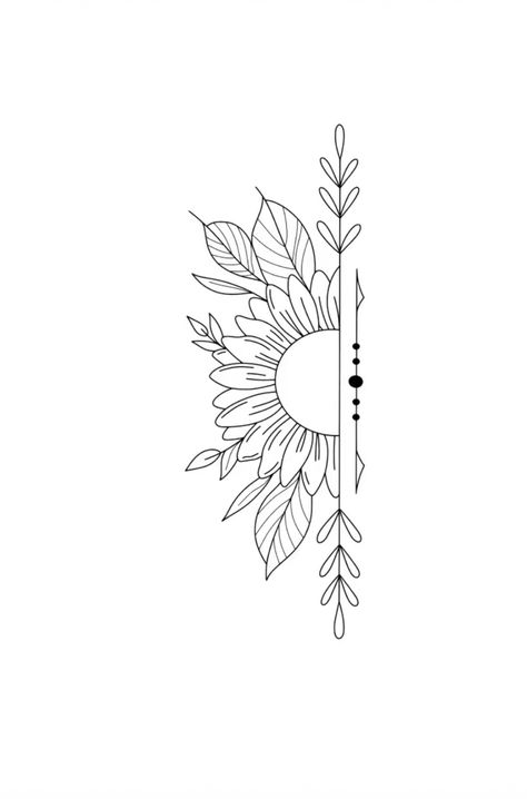 Fine Line Sunflower Tattoo Design, Sunflower Sunrise Tattoo, Sunflower Fineline Tattoo, Sunflower Fine Line Tattoo, Fineline Sunflower Tattoo, Simple Daisy Tattoo, Fine Line Sunflower Tattoo, Simple Sunflower Tattoo, Arrow Tattoo Ideas