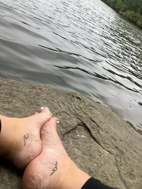 Footsteps In The Sand Tattoo, Lake Tattoo For Women, Small Wave Tattoo Ankle, Mountain To Sea Tattoo, Mountain Tattoo Ankle, Wave Mountain Tattoo, Wave Foot Tattoo, Outdoor Tattoo For Women, Lake Tahoe Tattoo