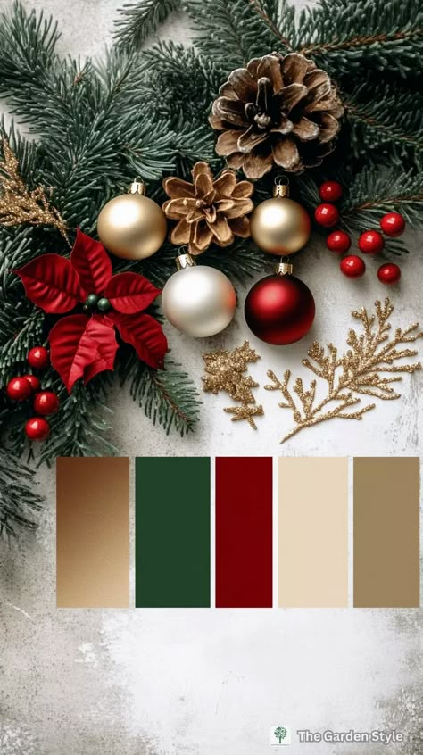 Budget-Friendly Christmas Decor: Transform Your Home from Porch to Living Room and Beyond - The Garden Style Red Green Gold Silver Christmas Decor, Red Green Natural Christmas Decor, Gold Red And Green Christmas Decor, Red Green And Brown Christmas Decor, Green Gold Red Christmas Decor, Christmas Party Color Themes, Forest Green And Red Christmas Decor, Red Green Cream Christmas, Dark Green And Red Christmas Decor