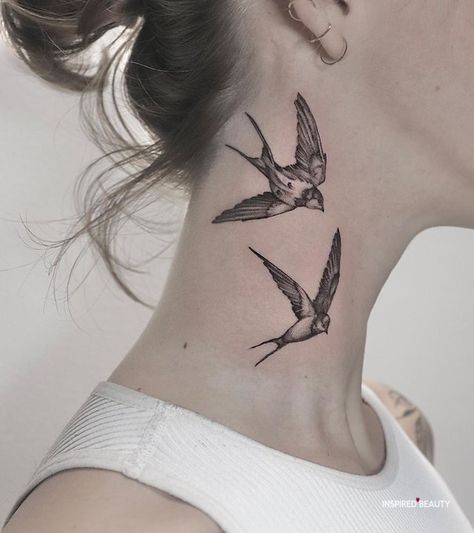 Owl Neck Tattoo, Wing Neck Tattoo, Neck Tattoos For Women, Bird Tattoo Neck, Sparrow Tattoo Design, Butterfly Neck Tattoo, Side Neck Tattoo, Sparrow Tattoo, Throat Tattoo