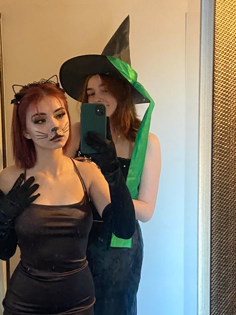 Witch And Cat Halloween Costume, Cat And Witch Costume, Black Cat Makeup Halloween Pretty, Cat Couple Costume Halloween, Black Cat And Witch Costume, Cute Black Cat Costume, Witch And Cat Costume, Witch And Black Cat Costume, Cat Costumes Women Makeup