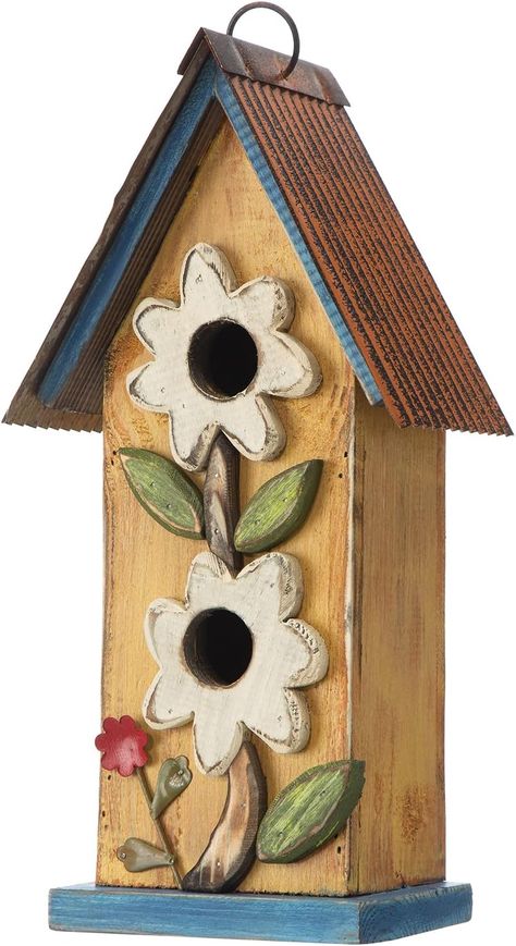 Amazon.com : Glitzhome 13.7" H Hanging Bird House for Outdoor Patio Garden Decorative Birdhouse Pet Cottage Distressed Wooden Birdhouse, Flower Two-Tiered Rustic Yellow : Patio, Lawn & Garden Garden Birdhouses, Wood Birdhouses, Wooden Bird Houses, Bird Houses Painted, Decorative Bird Houses, Metal Display, Bird Houses Diy, Wood Bird, Wooden Bird