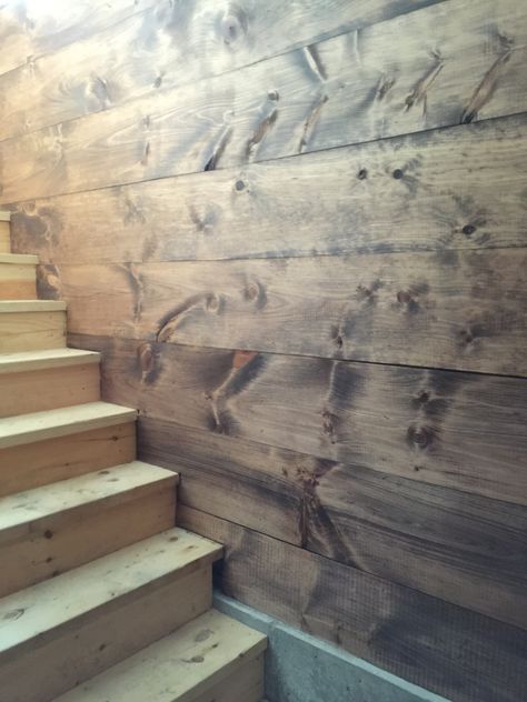 Modern Barn Project: Shiplap wall stained in Minwax Special Walnut Plywood Shiplap, Beadboard Porch Ceiling, Minwax Special Walnut, Stained Beadboard, Farmhouse Porch Swings, Stained Shiplap, Porch Pillars, Barn Bathroom, Stone Porches