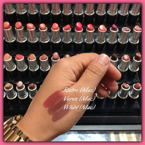 Mac Retro, Verve and Whirl lipstick swatches Mac Verve Lipstick, Mac Retro Lipstick, Whirl Mac, Whirl Lipstick, Vegas Christmas, Mac Whirl, Mac Lipstick Swatches, Mac Lipstick Shades, Kylie Makeup