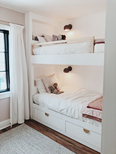 Built in bunk bed diy using ikea bed @nova_and_the_moon Make Bunk Beds Look Built In, Diy Ikea Bunk Bed, Bunk Bed Pottery Barn, Built In Bunk Beds With Drawers, Built In Bunk Bed Hack, Built In Bunk Bed Small Room, Diy Built In Bunk Beds Plans, Bunk Bed Room Inspo Aesthetic, Built In Bunk Beds Diy