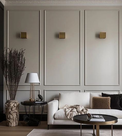 Painted Wall Paneling: The 7 Best Styles For Modern Interiors Wainscoting Angled Ceiling, Wall Trim Moulding Molding Ideas, Molded Wall Panels, Wainscoting Office Wall, Two Story Paneled Wall, Box Trim Accent Wall, Wall With Moulding Design, Wall Trim Moulding Dining Room, Moulding Wall Living Room