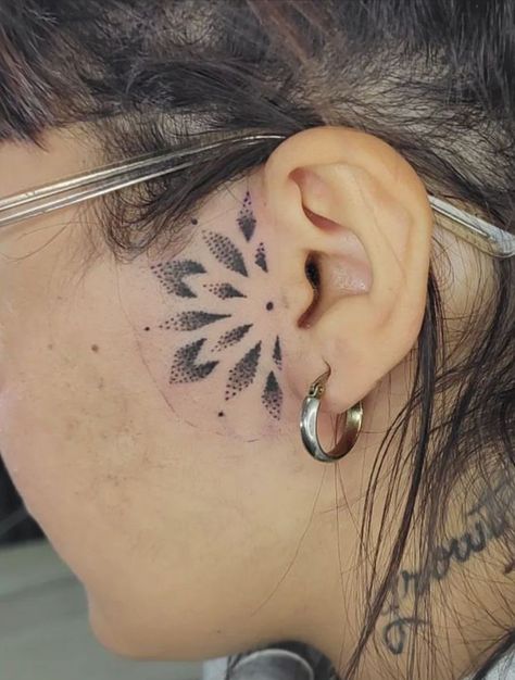 Half Mandala Tattoo, Mandala Tattoo Men, Behind The Ear Tattoo, Tattoo Behind Ear, Chris Jones, Skeleton Hand Tattoo, Line Art Tattoos, Dot Work Tattoo, Head Tattoos