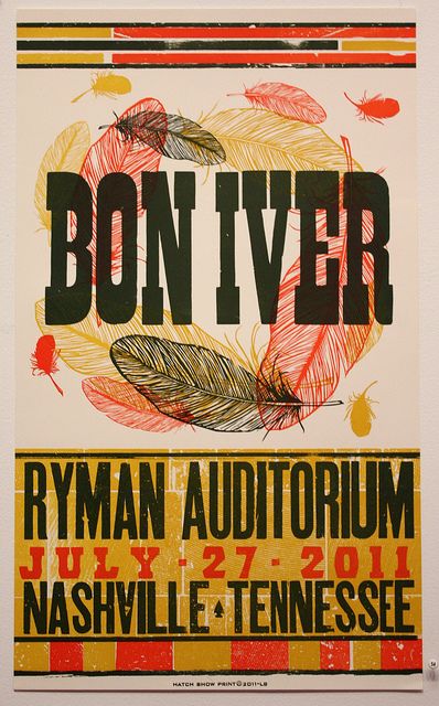 Hatch Show Print: Bon Iver by Lincoln Arts Project Hatch Print Poster, Vintage Letter Print T-shirt For Music Festivals, Country Music Poster Design, Deforestation Poster, Vintage Music Festival Poster, Newport Folk Festival Poster, Typography Concert Poster, Wood Type Poster, Hatch Print