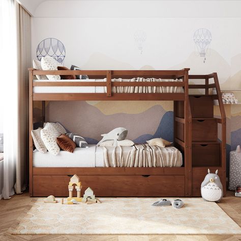 Discover the perfect solution for your bedroom with this Multifunctional Trundle Bunk Bed with Storage Stairs. This versatile piece seamlessly fits into any room decor, offering three stunning color options for a personalized touch. Storage Stairs, Trundle Bed With Storage, Solid Wood Bunk Beds, Platform Storage, Wooden Bunk Beds, Wood Bunk Beds, Bunk Beds With Stairs, Bed With Trundle, Bunk Bed With Trundle