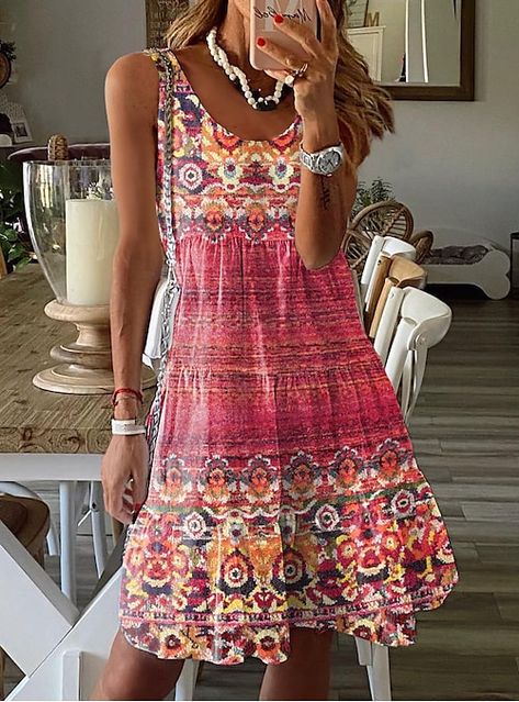 Women's Sundress, Sundress Summer, Tropical Fashion, Sleeveless Dress Summer, Tropical Vacation, Vestido Casual, Vacation Beach, U Neck, Spring 2024