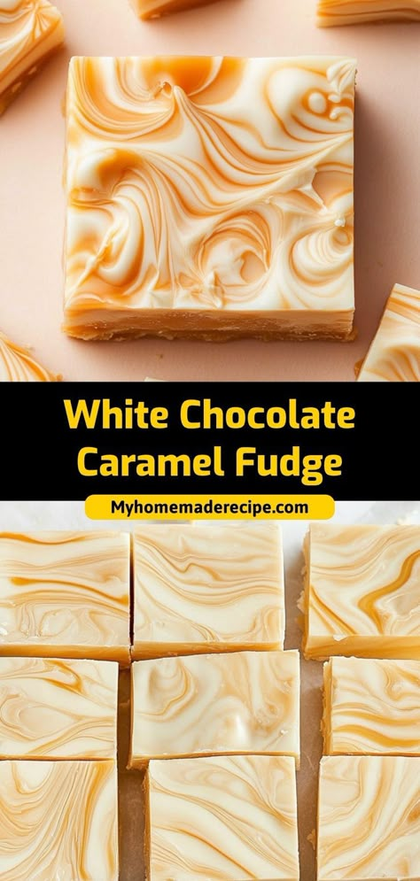 This white chocolate caramel fudge is creamy, sweet, and drizzled with caramel. A decadent treat for fudge lovers! Ingredients: 2 cups white chocolate chips 1 can sweetened condensed milk ¼ cup caramel sauce 1 tsp vanilla extract Make this white chocolate caramel fudge for a rich and creamy holiday treat Vanilla Fudge Condensed Milk, Milk Candy Recipe, Chocolate Caramel Fudge Recipe, Fudge With Pecans, Caramel Fudge Recipe, Fudge With Condensed Milk, Vanilla Fudge Recipes, Most Popular Cookies, Chocolate Caramel Fudge