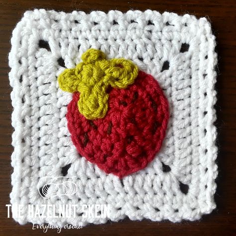 A Veritable Fruit Salad – The Hazelnut Skein    Free pattern for a 6" square. Apple Granny Square Pattern, Vegetable Granny Square, Fruit Granny Square, Crochet Fruit Granny Square Pattern, Crochet Cherry Granny Square, Citrus Granny Square, Crochet Fashion Patterns, Crochet Square Patterns, Crochet Poncho