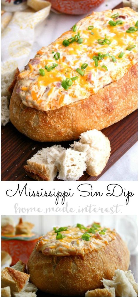 This decadent Mississippi Sin dip is an easy appetizer made with cheese and ham mixed together and baked inside a loaf of French bread until it is ooey gooey. It's an awesome football party food idea and it's perfect for March Madness. Make this easy hot dip for all of your parties! #partyfood #gamedayfood #gameday #cheese #dip #ham #homemadeinterest #appetizer Bread With Dip In Middle, Easter Appetizers Easy Dip Recipes, Football Sunday Food Appetizers, Party Meal Ideas, Football Party Food Appetizers, Sin Dip, Mississippi Sin Dip, Superbowl Food Appetizers, Super Bowl Essen