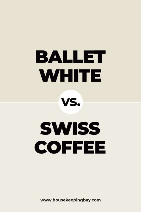 Ballet White vs. Swiss Coffee by Benjamin Moore. Swiss Coffee is a stunning white shade with a yellowish undertone. It’s a warm color that will be a good complement for Ballet White in any room of your house. Find out more tips and nuances about Ballet White vs. Swiss Coffee by Benjamin Moore in our Experts' Blog! Ballet White Walls, White Chocolate Benjamin Moore, Benjamin Moore Ballet White Walls, Ballet White Vs Swiss Coffee, Ballet White Cabinets, Timid White Benjamin Moore, Ballet White Kitchen Cabinets, Benjamin Moore Swiss Coffee Bedroom, Swiss Coffee Trim