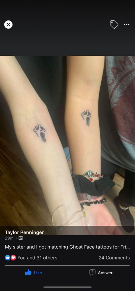 Matching Horror Movie Tattoos, Small Ghostface Tattoo, Ghost Face Tattoos, Small Horror Movie Tattoos, Dainty Tats, Ghost Face Tattoo, Scream Tattoo, Swift Tattoo, Tats Ideas