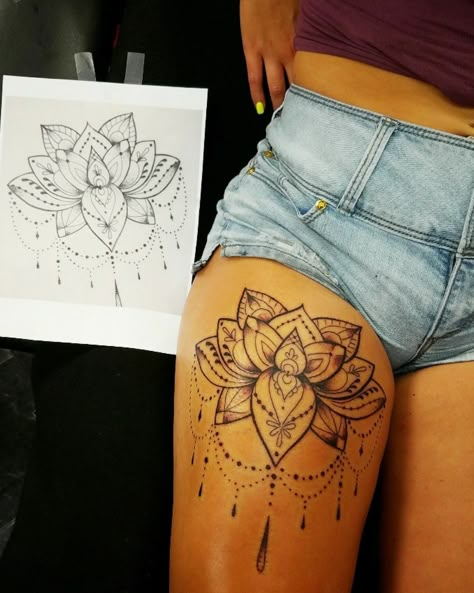 Thigh Lotus Tattoos Women, Leg Tato Women, Patch Thigh Tattoos, Simple Leg Tattoos Women Lower Calf, Lotus Flower Leg Tattoo, Mandala Thigh Tattoo Women, Mandala Thigh Tattoos, Mandala Hip Tattoos Women, Thigh Tattoos Women Mandala