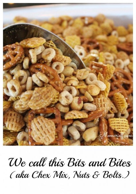 Bits and Bites. Or, you may call it Chex Mix or Nuts and Bolts. Whatever you call it, it's good! Homemade Chex Mix Recipe, Bits And Bites, Easy Snack Mix, Homemade Chex Mix, Chex Mix Recipes, Chex Mix, Nuts And Bolts, Snack Mix, Pretzels