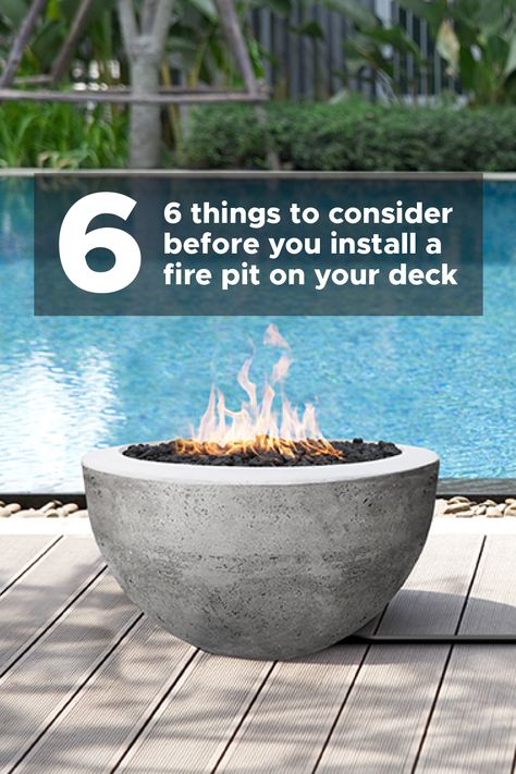 Backyard Fire Bowls, Small Deck With Fire Pit, Deck Fire Pit Ideas Patio Design, Under Deck Fire Pit, Fire Pits On Decks, Deck Safe Fire Pit, Fire Pit On A Deck, Fire Pit On Deck Ideas, Deck With Fire Table