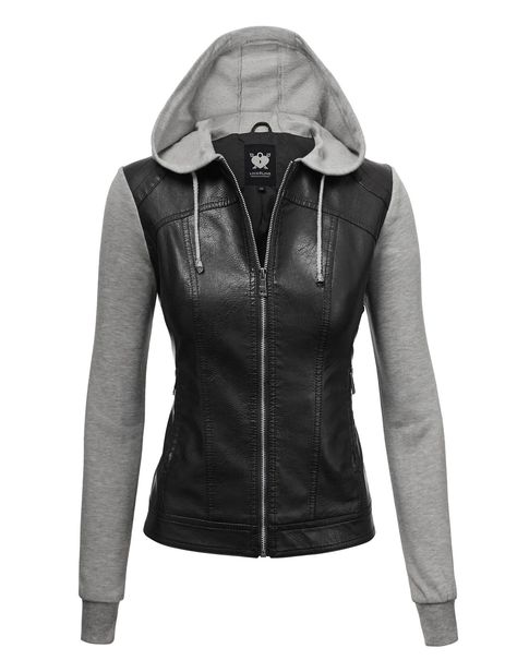 Lock and Love Women's Hooded Faux Leather Moto Biker Jacket (XS~2XL) Military Jacket Women, Jacket With Hoodie, Faux Leather Motorcycle Jacket, Biker Coat, Gloves Fashion, Hooded Faux, Basic Hoodie, Vegan Leather Jacket, Leather Motorcycle Jacket