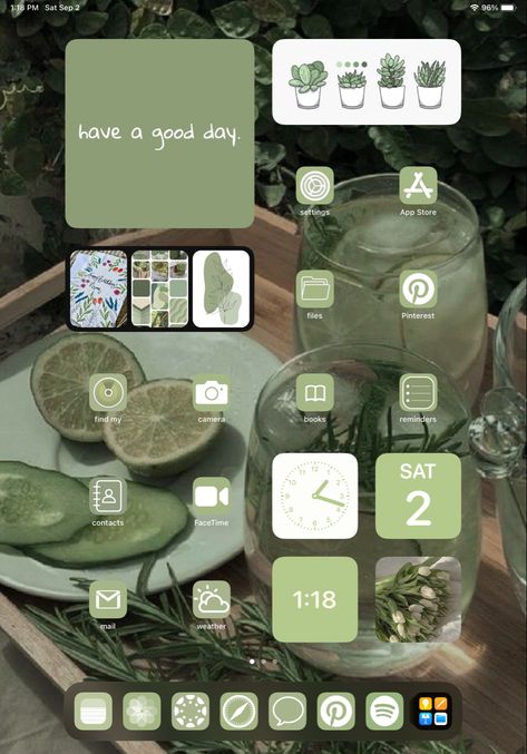 I pad homescreen setup Ipad Widgets Aesthetic Sage Green, Sage Green Ipad Homescreen, Sage Green Ipad Aesthetic, Ipad Homescreen Inspo Aesthetic, Ipad Green Aesthetic Homescreen, Ipad Homescreen Ideas Vertical, Green Ipad Setup, Ipad Themes Green, Ipad Green Aesthetic