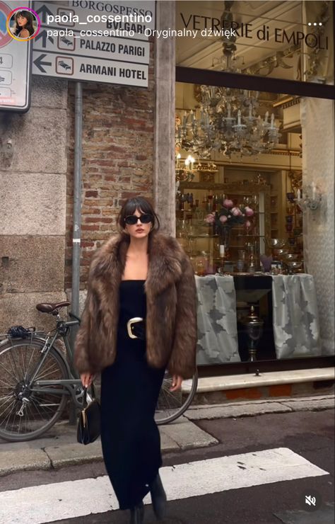 Fur Coat Party Outfit, Red Dress With Fur Coat, Short Fur Coat Outfit Classy, Fur Stole Outfit Casual, Fur Jacket Dress Outfit, Silk Dress With Fur Coat, Mob Wife Winter, Russian Mob Wife Outfit, Black Fur Coat Outfit Casual