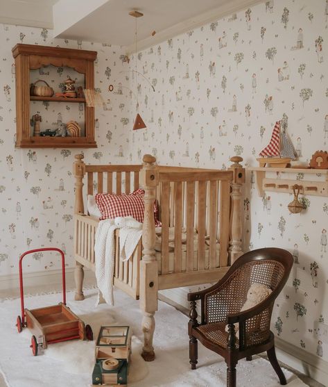 Early mornings in my favourite spot in the cottage. Swipe to see someone dressed and ready for the day. 🧸 . . . . #cottageinteriors… Cottage Toddler Girl Room, Cottage Nursery Vintage, Wooden Cottage Aesthetic, Vintage Wood Toddler Bed, Cottage Core Toddler Dress, Interior Textures, Childcare Rooms, Cotton Rugs, Teenage Room