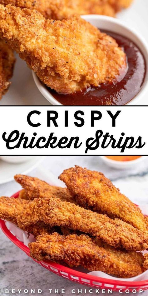 These Crispy Chicken Strips made with boneless chicken breast and light crispy breading are a delicious lunch or dinner for kids and adults. Make them in under 30 minutes, and serve them with your favorite dipping sauce. Add them a salad or a tortilla wrap as well for a tasty lunch or dinner! Boneless Skinless Chicken Strip Recipes, Easy Chicken Strip Recipes, Chicken Strip Recipes Fried, Crispy Chicken Strip Recipes, Easy Kids Dinner Ideas, Chicken Strip Recipes Easy Dinners, Chicken Strips Recipes Easy, Simple Chicken Strip Recipes, Chicken Breast Recipes For Kids