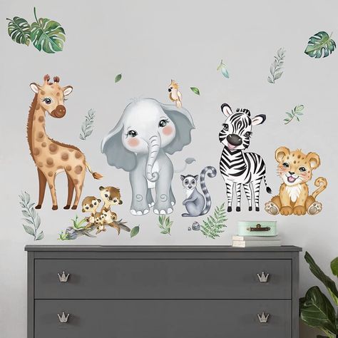 Jungle Animals Wall Decals Elephant Giraffe Safari Wall Stickers Baby Nursery Kids Room Living Room Wall Decor Removable Wall Decals Nursery, Elephant Decoration, Boho Rainbow Wall, Giraffe Safari, Stick Wall Art, Animal Wall Decals, Tree Wall Stickers, Tree Wall Decal, Kids Wall Decals