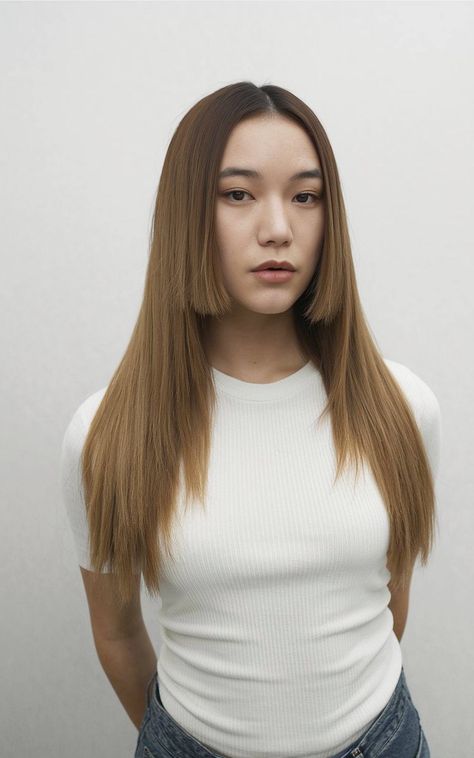 A sleek long Hime cut styled without bangs with face-framing layers Long Hair No Styling, Hime Cut No Bangs, Hair No Styling, Long Hair Without Bangs, Long Hime Cut, Hime Cut Without Bangs, Hairstyles Without Bangs, Sharp Face, Elegant Long Hairstyles