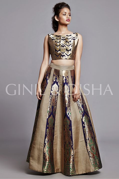 Pure handwoven benarsi silk brocade panelled lehenga with croptop.  Email:ginilanddisha@gmail.com Whatsapp:+919820116668 Brocade Skirt And Top, Skirt And Top Indian, Panelled Lehenga, Brocade Lehenga, Kurti Embroidery, Brocade Skirt, Suit Ideas, Embroidery On Kurtis, Kurti Embroidery Design