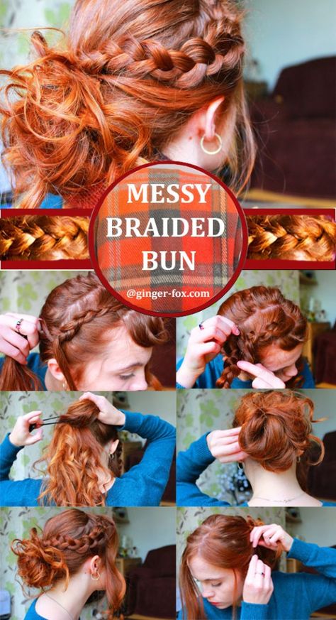 Messy Braided Bun – Ginger Fox Renfaire Hair, Messy Braided Bun, Curly Hair Inspo Hairstyles, Hair Inspo Hairstyles, Inspo Hairstyles, Upside Down French Braid, Braids Tutorial Easy, Upside Down Braid, Ginger Fox