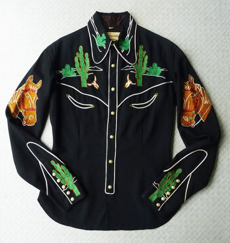 Frontex Vintage 1940s 40s Womens Western Shirt. Small S. Black w/ white rope Western Shirt Embroidery, Vintage Cowboy Shirt, Western Shirt Design, Black Western Shirt, Embroidered Western Shirt, Vintage Western Shirt, Vintage Western Wear, Western Embroidery, Horse Heads