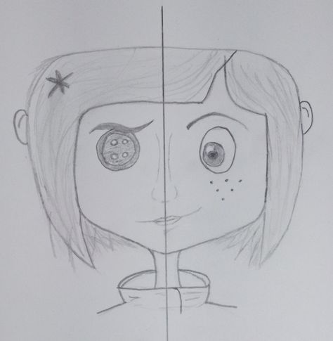 Halloween Drawings Coraline, Coraline Sketch Easy, Coralline Drawings Easy, How To Draw Coraline, Wybie Coraline Drawing, Caroline Sketch, Horror Movie Drawings Easy, Small Cartoon Drawings, Movie Drawings Easy