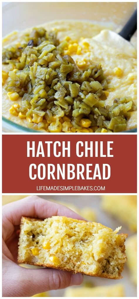 You're going to fall in love with this hatch chile cornbread. It's moist, tender and bursting with roasted chiles and sweet corn. #hatchchilecornbread #cornbread #hatchchiles #roastedchilecornbread Corn And Green Chili Bread, Cornbread Recipe Green Chile, Chili Relent Cornbread, Hatch Chile Cornbread, Hatch Green Chili Cornbread, Green Chile Cheese Cornbread, Hatch Chili Cornbread, Chilies Rellenos Cornbread, Chilli Relleno Cornbread