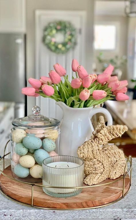 April Home Decor Ideas, Spring Decor Above Kitchen Cabinets, Spring Kitchen Table Centerpiece, Spring Shelves Decor, Spring Aesthetic Home Decor, Spring Table Centerpiece Ideas, Spring Tray Ideas, Subtle Easter Decor, Simple Spring Decor Living Room