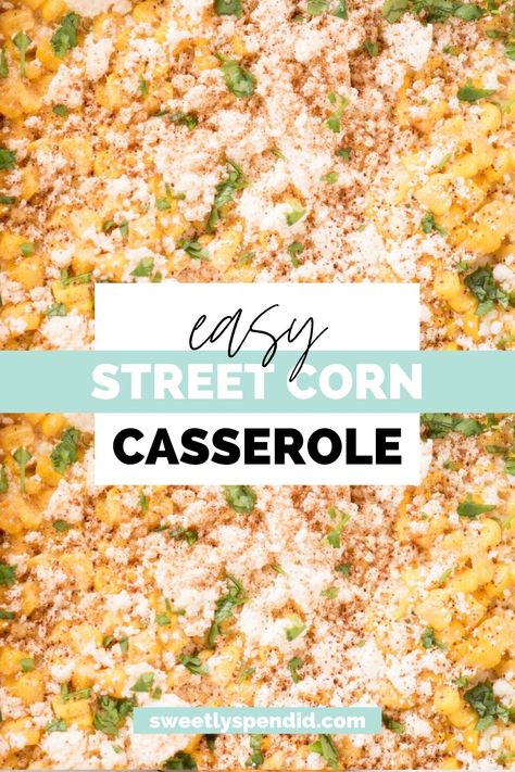 Looking for a tasty twist on traditional corn casserole? Try our mouthwatering Easy Mexican Street Corn Casserole recipe! Loaded with savory flavors and easy to prepare, this dish is perfect for your next fiesta or family dinner. Serve up a delicious and satisfying side dish that everyone will love. It's perfect for busy weeknight meals. Roasted street corn turned into a casserole. It's an easy side dish for busy weeknight meals. Mexican Sides For A Crowd, Quick Street Corn, Mexican Corn For A Crowd, Mexican Corn Dishes Recipes, Texas Street Corn, Mexican Sweet Corn Casserole, Elote Corn Casserole Recipe, Hot Corn Side Dish, Side Corn Dishes