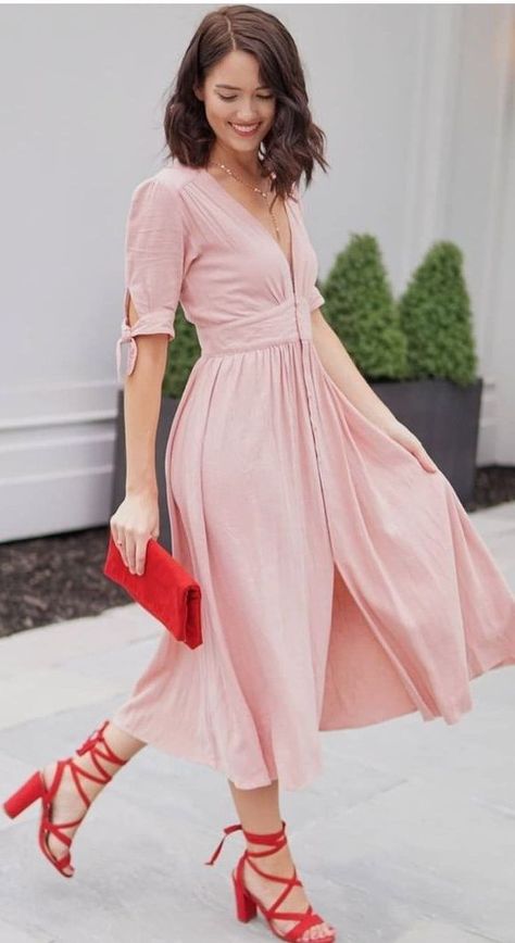 How To Wear Red Heels For Women: Simple Tips 2022 Pink Dress Red Shoes, Blush Pink Dress Outfit, Pink Dress Outfit Ideas, Pink Dress Outfit, Pink Dress Outfits, Neon Prom Dresses, Heels Purple, Blush Pink Dress, Crystal Wedding Dress