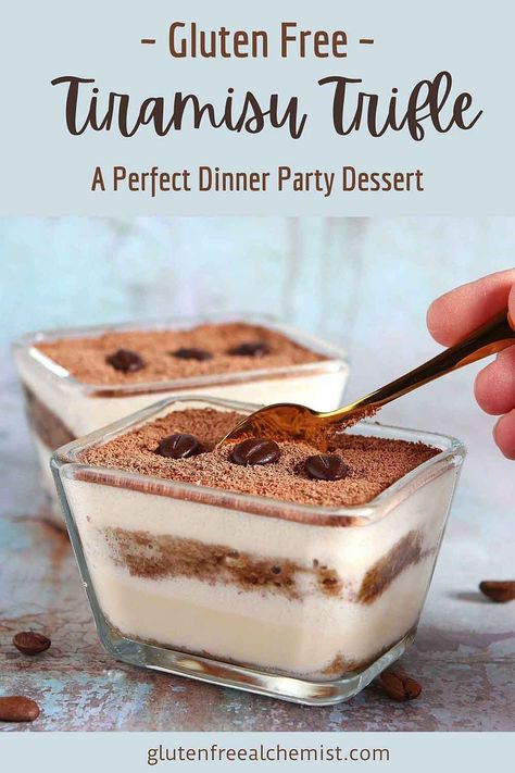 Decadent Gluten Free Tiramisu Trifle made using an authentic Italian recipe... Layers of coffee and brandy-soaked gluten free trifle sponge with rich mascarpone custard and finely-grated chocolate. #glutenfree #tiramisu #dessert #pudding #coffee #dinnerparty #trifle via @gfalchemist Gluten Free Trifle Recipes, Gluten Free Pudding Desserts, Tiramisu Recipe Gluten Free, Gluten Free Trifle Desserts, Gf Tiramisu Recipe, Gluten Free Tiramisu Recipe, Gluten Free Trifle, Tiramisu Recipe No Mascarpone, Tiramisu Trifle Recipe